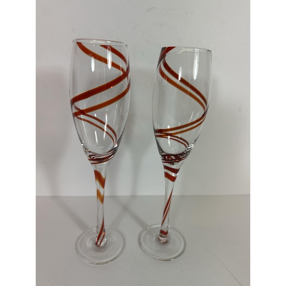 Pier 1 Champagne Glasses Double Swirl Red ~10" Set Of 2/Pair Vtg 90s